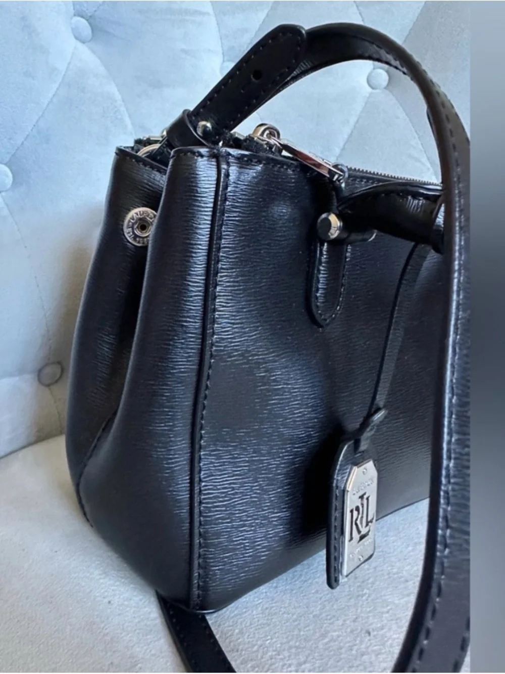 RALPH LAUREN NEWBERY DOUBLE ZIP SATCHEL BAG IN BLACK STRUCTURED LEATHER